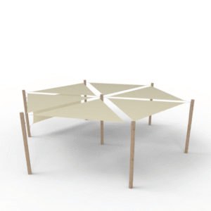 PE solsejlssystem 6 sejl (3x3x3 m) + 7 stolper + 1 læsejl m. beslag